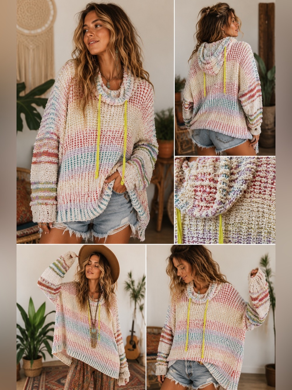 Free People Rainbow Chunky Knit Hooded Sweater Oversized Boho Pullover
